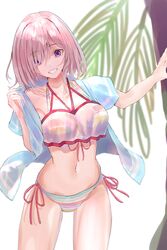  bikini blue_shirt collarbone commentary_request cowboy_shot duplicate fate/grand_order fate_(series) female front-tie_top grin hair_over_one_eye highres kei201107 mash_kyrielight mash_kyrielight_(swimsuit_of_perpetual_summer_ver.02) md5_mismatch navel official_alternate_costume open_clothes open_shirt pixel-perfect_duplicate purple_eyes purple_hair shirt short_hair smile solo standing striped_bikini striped_clothes swimsuit 