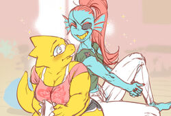  alphys animal_humanoid anthro athletic athletic_wear barefoot big_breasts blue_body blurred_background blush book bottomwear bra_strap breasts buckteeth clasped_hands claws cleavage clothed clothing colored_nails duo ear_fins ear_frill eye_patch eyelashes eyeshadow eyewear feet female fin fish fish_humanoid floor floorboards frill_(anatomy) gills glasses green_clothing green_shirt green_topwear grin gym_bottomwear gym_shorts hair head_spikes holding_book holding_object humanoid inside lizard long_hair looking_at_another makeup marine marine_humanoid mew_mew_kissy_cutie midriff nails nam non-mammal_breasts noseless pants pillow pink_clothing pink_shirt pink_topwear ponytail red_eyeshadow red_hair red_nails reptile scalie sharp_nails shirt shorts sitting skinny slightly_chubby smile sparkles spikes spikes_(anatomy) tail teeth thick_tail topwear undertale undertale_(series) undyne white_bottomwear white_clothing white_pants window yellow_body yellow_teeth 