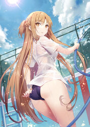  :o adjusting_clothes adjusting_swimsuit alternate_costume ass asuna_(sao) back back_cutout blue_one-piece_swimsuit blue_sky blush braid breasts brown_eyes brown_hair chain-link_fence clothing_cutout cloud commentary_request competition_swimsuit cowboy_shot day dress_shirt dutch_angle embarrassed empty_pool female fence from_behind from_below gabiran hair_between_eyes half_up_half_down_braid half_updo highres holding holding_hose hose lens_flare light_particles long_hair looking_at_viewer looking_back medium_breasts one-piece_swimsuit open_mouth outdoors outstretched_arm parted_bangs pool pool_ladder see-through shiny_skin shirt short_sleeves sidelocks signature sky solo standing straight_hair sun surprised swimsuit swimsuit_under_clothes sword_art_online teeth thighs tree upper_teeth_only very_long_hair water wet wet_clothes wet_hair wet_shirt white_shirt 