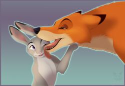  alternate_form black_nose blue_background canid canine cheek_tuft claws conditional_dnp dipstick_ears disney duo ear_markings eyebrows eyelashes facial_tuft fangs female feral feralized fox fur gradient_background green_eyes grey_body grey_fur half-closed_eyes judy_hopps lagomorph leporid licking looking_at_another lynxbrush male mammal multicolored_ears narrowed_eyes nick_wilde nude one_eye_closed orange_body orange_fur pink_nose predator/prey purple_eyes rabbit red_fox signature simple_background tan_body tan_fur teeth text tongue tongue_out true_fox tuft zootopia 