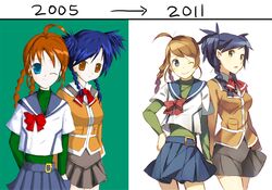  2005 2011 2girls ahoge arika_yumemiya arrow_(symbol) artist_progress blue_eyes braid commentary multiple_girls my-otome nina_wang one_eye_closed orange_hair redrawn skirt smile twin_braids weee_(raemz) yellow_eyes 