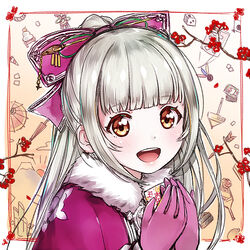  bow brown_eyes catbell commentary_request female gloves hairbow long_hair loussier_ellerensia open_mouth shironeko_project smile solo white_hair 