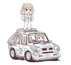  2girls car commentary_request driving hands_on_own_hips idolmaster idolmaster_million_live! idolmaster_million_live!_theater_days lancia_(brand) lancia_delta_s4 martini_(brand) motor_vehicle multiple_girls on_vehicle race_vehicle racecar racing_suit rally_car sakuramori_kaori standing standing_on_vehicle suou_momoko tamiya_souichirou vehicle_focus world_rally_championship 