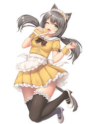  animal_ear_fluff animal_ears apron black_hair black_thighhighs bow bowtie breasts cat_ears cat_girl cat_tail commentary_request dress female food frilled_thighhighs frills full_body green_eyes ice_cream ice_cream_sandwich jumping looking_at_viewer low_twintails maid maid_headdress mary_janes medium_breasts one_eye_closed open_mouth original puffy_short_sleeves puffy_sleeves sasaame shoes short_dress short_sleeves solo tail thighhighs twintails waist_apron wrist_cuffs 