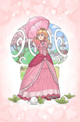  =_= artist_request brooch castle cherry_blossoms crown dress female food fruit heart jewelry long_dress long_hair mario_(series) parasol peach pink_dress pink_umbrella princess_peach princess_peach&#039;s_castle solo super_smash_bros. turnip turnip_(mario) umbrella 