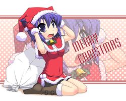  arms_up blush bobblehat breasts christmas commentary_request covered_navel female full_body fur_trim green_eyes hat holly k10k looking_at_viewer medium_breasts merry_christmas pani_poni_dash! sack santa_costume santa_hat serizawa_akane short_hair sitting solo wariza 