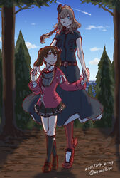  2girls blue_eyes brown_hair commentary_request day forest hair_between_eyes high_side_ponytail holding_hands japanese_clothes kantai_collection long_hair multiple_girls nature neckerchief outdoors ponytail red_legwear ryuujou_(kancolle) samusio saratoga_(kancolle) short_hair side_ponytail skirt twintails yuri 