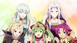  5girls black_gloves blonde_hair blue_hair bow circlet claw_pose closed_eyes closed_mouth dress facial_mark fae_(fire_emblem) fire_emblem fire_emblem:_mystery_of_the_emblem fire_emblem:_the_binding_blade fire_emblem:_the_blazing_blade fire_emblem_awakening fire_emblem_heroes forehead_mark gloves green_eyes green_hair heterochromia highres idunn_(fire_emblem) long_hair long_sleeves multiple_girls nail_polish ninian_(fire_emblem) nowi_(fire_emblem) oerba_yun_fang open_mouth pointy_ears ponytail purple_eyes purple_hair red_eyes short_hair sleeveless sleeveless_dress tiara tiki_(fire_emblem) tiki_(young)_(fire_emblem) toshi_(toshi10416) trait_connection upper_body 