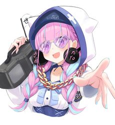  anchor_symbol animal_ears animal_hood aqua_hair aqua_nails baseball_cap blunt_bangs boombox braid breasts cat_hood chain_necklace chains commentary_request fake_animal_ears female flag hat hat_under_hood headphones heart heart-shaped_eyewear highres holding_boombox hololive hood hood_up hooded_jacket izu_(tea_value_lord) jacket jewelry long_hair medium_breasts minato_aqua minato_aqua_(sailor) multicolored_hair necklace neko_(minato_aqua) official_alternate_costume pink-tinted_eyewear pink_hair purple_eyes solo sunglasses tinted_eyewear twin_braids two-tone_hair upper_body virtual_youtuber 