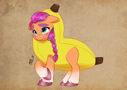  banana banana_costume clothing costume equid equine female feral food food_costume fruit haruh_ink hasbro hi_res horse mammal mlp_g5 my_little_pony plant pony solo sunny_starscout_(mlp) 