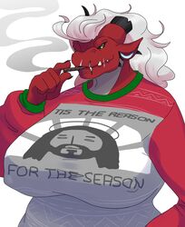  absurd_res anthro big_breasts black_sclera breasts broken_horn christmas clothing dragon female hair hi_res holidays horn hybrid jesus_christ lewdwifi mythological_creature mythological_scalie mythology not_furry red_body religion scalie sharp_teeth simple_background smoke smoking solo sweater teeth topwear white_hair wynnoa_(tolerain) yellow_eyes 