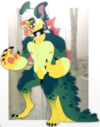  anthro arm_frill arm_tuft black_claws black_piercing cheek_tuft chest_tuft claws collar digitigrade dorsal_frill ear_piercing facial_tuft featureless_crotch frill_(anatomy) front_view fur gauged_ear gloves_(marking) gradient_fur green_body green_ears green_fur green_tail hair hybrid leg_markings leg_tuft looking_at_viewer male markings messy_hair nipples open_mouth pawpads piercing princelykaden red_frill red_inner_ear red_nipples red_nose red_pawpads red_tongue shoulder_tuft socks_(marking) solo spiked_collar spiked_tail spikes spikes_(anatomy) standing stud_piercing tail teeth tongue tongue_out tuft white_hair white_piercing yellow_body yellow_fur yellow_teeth 