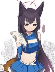  ... 4girls alternate_costume animal_ear_fluff animal_ears averting_eyes blue_archive blue_shirt blue_skirt breasts brown_hair cropped_shirt elbow_gloves fox_ears fox_tail gloves halo highres kurumi_(blue_archive) linea_alba long_hair medium_breasts monochrome_background multiple_girls navel niko_(blue_archive) otogi_(blue_archive) shirt skirt solo_focus spoken_ellipsis stomach straight_hair sweatdrop tail very_long_hair wotakana_s yukino_(blue_archive) 