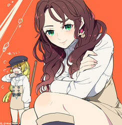  2girls black_headwear brown_hair closed_eyes closed_mouth dorothea_arnault earrings fire_emblem fire_emblem:_three_houses garreg_mach_monastery_uniform green_eyes guttary hat holding ingrid_brandl_galatea jewelry long_hair long_sleeves multiple_girls open_mouth orange_background simple_background smile translated twitter_username uniform 