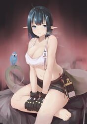  absurdres ahoge arknights bare_arms bare_legs bare_shoulders barefoot belt bird black_gloves black_hair blue_bird blue_eyes breasts bright_pupils brown_belt brown_shorts cleavage closed_mouth crop_top eunectes_(arknights) female foot_out_of_frame furrowed_brow gloves hair_between_eyes hands_on_own_leg high_priest_(arknights) highres large_breasts light_blush looking_at_viewer medium_hair midriff navel painnico pointy_ears short_shorts shorts sitting snake_tail solo steam sweat tail tank_top toes underboob white_pupils white_tank_top 