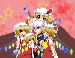  1boy ahoge ascot blonde_hair blush choker clone commentary_request crystal female flandre_scarlet four_of_a_kind_(touhou) glasses hat morichika_rinnosuke open_mouth red_eyes shishamoji short_hair side_ponytail smile spell_card star_(symbol) straight touhou white_hair wings yellow_eyes 