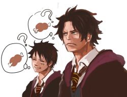  2boys ? bad_id bad_pixiv_id black_hair boned_meat closed_eyes food freckles gryffindor harry_potter_(series) hogwarts_school_uniform meat monkey_d._luffy multiple_boys necktie one_piece portgas_d._ace scar school_uniform short_hair striped striped_necktie thought_bubble tsuyomaru wizarding_world 