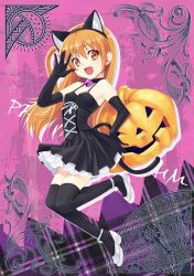  :d amamiya_rizumu animal_ears bell black_dress black_thighhighs cat_ears cat_tail collar commentary_request dress elbow_gloves fake_animal_ears female gloves halloween jack-o&#039;-lantern long_hair natsuhiko neck_bell oerba_yun_fang one_side_up open_mouth orange_eyes orange_hair photoshop_(medium) pink_background pretty_rhythm pretty_rhythm_aurora_dream pretty_series shoes smile solo tail thighhighs 