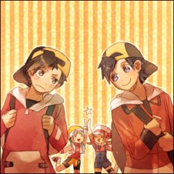  2boys 2girls alternate_costume backwards_hat baseball_cap black_hair blue_hair brown_hair dual_persona ethan_(pokemon) hat high_five kris_(pokemon) lowres lyra_(pokemon) multiple_boys multiple_girls pokemon pokemon_gsc pokemon_hgss stone_(shirokanipe_ranran) twintails 