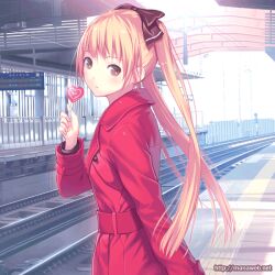  :o ^_^ animated animated banned_artist blinking blonde_hair candy closed_eyes coat food himehara_tsubasa ilog lollipop long_hair looking_at_viewer mana_kakkowarai official_art ponytail railroad_tracks smile solo train_station v-shaped_eyebrows watermark web_address yellow_eyes 