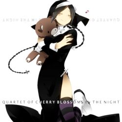  bad_id bad_pixiv_id bear boots braid ciel_arc cross dress english_text female habit long_hair nun shinatsuhiko_yae side_slit single_braid solo striped_clothes striped_thighhighs stuffed_animal stuffed_toy teddy_bear thighhighs white_footwear yozakura_quartet 