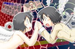  2girls aioi_yuuko angel_wings black_hair brown_hair bubble commentary_request dual_persona error_message gaketsu grey_eyes hexagon highres holding_hands interlocked_fingers multiple_girls nichijou no_nipples nude school_uniform shinonome_nano short_hair tears tokisadame_school_uniform winding_key wings 