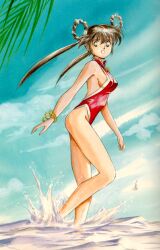  80s beach bracelet breasts brown_hair cleavage green_eyes illustration jewelry mamono_hunter_youko mano_youko ocean official_art oldschool sea sideboob splash splashing swimsuit twintails water 