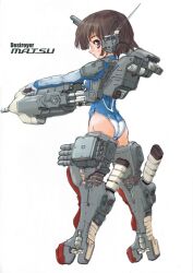  ass back blue_leotard brown_eyes brown_hair character_name depth_charge destroyer female gloves gun leotard matsu_(destroyer)_(personification) mecha_musume military military_vehicle original personification propeller ship short_hair simple_background solo soukaa_(golden_sash) swimsuit torpedo warship watercraft weapon white_background 