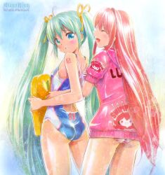  2girls 39 :d ^_^ aqua_eyes aqua_hair ass blush closed_eyes commentary_request competition_swimsuit green_hair hair_ribbon hatsune_miku holding kickboard long_hair mayo_riyo megurine_luka multiple_girls one-piece_swimsuit open_mouth panties pink_hair red_hair ribbon shiny_skin smile striped_clothes striped_panties surfboard swimsuit takoluka traditional_media twintails underwear very_long_hair vocaloid 