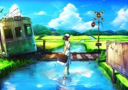  brown_hair cloud commentary_request day female grass hat highres holding irohara_mitabi landscape original outdoors pantograph railroad_crossing railroad_tracks ruins scenery sign sky solo standing standing_on_liquid suitcase train water 