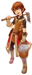  1boy :d absurdres androgynous blue_eyes boots brown_hair bucket bucket_of_water fingerless_gloves full_body gloves highres hoe holding iwasaki_minako male_focus open_mouth raguna rune_factory rune_factory_frontier simple_background smile solo white_background 