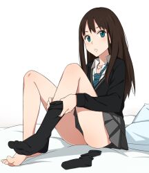  bad_id bad_pixiv_id barefoot black_socks blue_eyes blush brown_hair cardigan feet female full_body idolmaster idolmaster_cinderella_girls jewelry legs long_hair necklace necktie parted_lips photoshop_(medium) pillow school_uniform shibuya_rin simple_background single_sock sitting skirt sock_pull socks solo white_background yuuhi_(ages) 