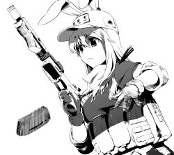  angled_foregrip animal_ears assault_rifle baseball_cap commentary_request female gloves greyscale gun hat henshako load_bearing_vest long_hair m4_carbine magazine_(weapon) magazine_ejection military_operator monochrome photoshop_(medium) rabbit_ears reisen_udongein_inaba reloading rifle scarf solo touhou trigger_discipline upper_body weapon 