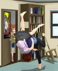  3girls amami_haruka barefoot bookshelf calendar_(object) chair commentary_request door highres idolmaster idolmaster_(classic) judo_throw kisaragi_chihaya multiple_girls opening_door polka_dot poster_(object) room socks takatsuki_yayoi tonkotsu_kurage upside-down window 