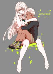  1boy bad_id bad_pixiv_id blue_eyes dark-skinned_male dark_skin female hug johnathan_mar jormungand_(manga) koko_hekmatyar long_hair necktie pale_skin red_eyes scar shimana_(cs-ts-az) smile white_hair 