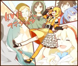  belt blonde_hair commentary_request creator_connection detached_sleeves dress ene_(kagerou_project) frills jinzou_enemy_(vocaloid) kagerou_project kano_shuuya kido_tsubomi kisaragi_attention_(vocaloid) kisaragi_momo kisaragi_shintarou kozakura_marry looking_at_viewer mekakushi_code_(vocaloid) microphone multiple_boys multiple_girls open_mouth red_eyes seto_kousuke shoes short_hair silk_(ha_silk_ge) single_thighhigh smile souzou_forest_(vocaloid) thighhighs vocaloid yellow_legwear 