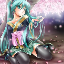  aqua_eyes aqua_hair cherry_blossoms chou_(module) commentary_request female hatsune_miku japanese_clothes lolita_fashion long_hair magnet_(vocaloid) petals project_diva_(series) project_diva_2nd sitting solo sumeragi_tomo thighhighs tree twintails very_long_hair vocaloid wa_lolita wariza 