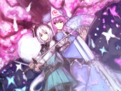  2girls bad_id bad_pixiv_id belt black_legwear blush bug butterfly cherry_blossoms folding_fan hair_ribbon hairband hand_fan hat hitodama japanese_clothes katana konpaku_youmu konpaku_youmu_(ghost) ksrk_ss multiple_girls pantyhose photoshop_(medium) pink_hair red_eyes ribbon saigyouji_yuyuko short_hair short_sword skirt smile sword tantou touhou tree triangular_headpiece weapon white_hair 