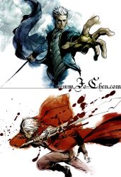  2boys blue_eyes commentary_request dante_(devil_may_cry) devil_may_cry_(series) jacket jo_chen katana multiple_boys rebellion_(sword) red_jacket short_hair silver_hair sword vergil_(devil_may_cry) watermark weapon web_address white_hair yamato_(sword) 