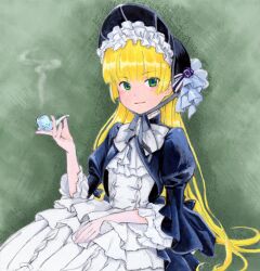  acrylic_paint_(medium) blonde_hair bonnet chin_strap commentary_request female gosick lolita_fashion long_hair painting_(medium) photoshop_(medium) ryoujirou_(ryojiron) smoking_pipe solo traditional_media victorica_de_blois 