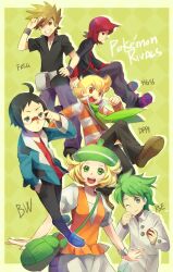  5boys adjusting_eyewear ahoge alternate_costume artist_name bad_deviantart_id bad_id bag barry_(pokemon) beret bianca_(pokemon) black_hair blonde_hair blue_oak brown_hair cheren_(pokemon) female glasses green_eyes green_hair green_scarf grey_eyes happy hat highres holding holding_poke_ball jewelry multiple_boys necklace one_eye_closed open_mouth orange_eyes poke_ball pokemon pokemon_bw pokemon_dppt pokemon_frlg pokemon_hgss pokemon_rse red_hair reka salute scarf short_hair signature silver_(pokemon) skirt smile two-finger_salute wally_(pokemon) winter_clothes wristband 