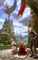  1boy arch armor armored_boots back banner blonde_hair boots bow_(weapon) breastplate castle city cityscape cloud commentary_request day fantasy faulds female gauntlets hat knee_pads map mountain noba pauldrons pavement pixiv_fantasia pixiv_fantasia_sword_regalia sabaton scenery scroll shoulder_armor sitting sky statue sword sword_on_back tree weapon weapon_on_back witch_hat 