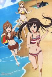  3girls absurdres ahoge ball beach bikini breasts brown_eyes brown_hair flat_chest highres long_hair megami minami-ke minami_chiaki minami_haruka minami_kana multiple_girls ocean ochi_shinji official_art panties running scan striped striped_bikini striped_panties striped_swimsuit swimsuit twintails underwear 