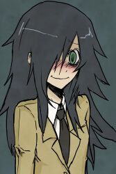  artist_request bags_under_eyes black_hair blush green_eyes hair_over_eye hair_over_one_eye highres itosiki_zetu kuroki_tomoko kuroki_tomoko long_hair necktie school_uniform smile tie watashi_ga_motenai_no_wa_dou_kangaetemo_omaera_ga_warui! watashi_ga_motenai_no_wa_dou_kangaetemo_omaera_ga_warui! 