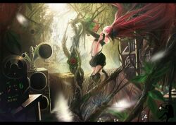  black_gloves black_thighhighs bookshelf commentary_request elbow_gloves female flower gloves headset lamian letterboxed long_hair megurine_luka photoshop_(medium) pink_hair red_flower red_rose room rose solo speaker tattoo thighhighs vocaloid 