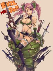  :p armor ashita_(2010) bad_id bad_pixiv_id bikini breasts female green_bikini medium_breasts monster monster_hunter_(character) monster_hunter_(series) monster_hunter_portable_3rd multiple_swords multiple_weapons red_eyes seven-branched_sword solo swimsuit sword tongue tongue_out twintails weapon 