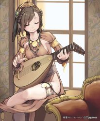  armpits asymmetrical_bangs bad_id bad_pixiv_id braid breasts bridal_garter brown_eyes brown_hair commentary_request couch feather_hair_ornament feathers female hair_ornament headdress instrument len_(a-7) lute_(instrument) master_bard medium_breasts mole music no_panties one_eye_closed playing_instrument shingeki_no_bahamut short_hair side_slit sideboob sitting smile solo watermark window 