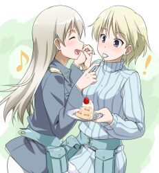  ! 2girls blonde_hair blue_eyes blush brave_witches cake closed_eyes eila_ilmatar_juutilainen food grey_hair holding_hands long_hair multiple_girls musical_note nikka_edvardine_katajainen open_mouth pantyhose plate smile spoon strike_witches turtleneck utensil_in_mouth white_legwear world_witches_series youkan 