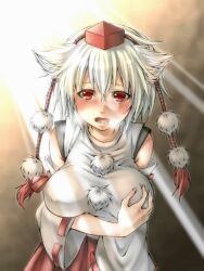  animal_ears bad_id bad_pixiv_id bare_shoulders blush breasts breath commentary_request covered_nipples detached_sleeves female grabbing hat in_heat inubashiri_momiji large_breasts nora_wanko open_mouth red_eyes short_hair solo tokin_hat touhou upper_body white_hair wolf_ears 