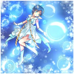  adapted_costume back_bow bishoujo_senshi_sailor_moon blue_background blue_eyes blue_hair blue_theme boots bow bubble choker commentary_request dress female gloves hair_ornament hairpin knee_boots koko_(dollykiss911) magical_girl mizuno_ami ribbon sailor_collar sailor_mercury sailor_senshi_uniform short_hair smile snowflakes solo star-shaped_pupils star_(symbol) symbol-shaped_pupils unofficial_sailor_senshi_uniform white_gloves white_sailor_collar 